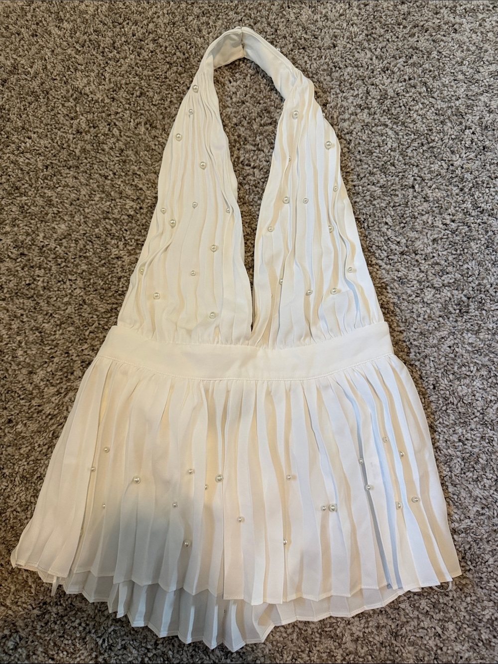 Ivory Pleated Halter Top with Pearl Accents